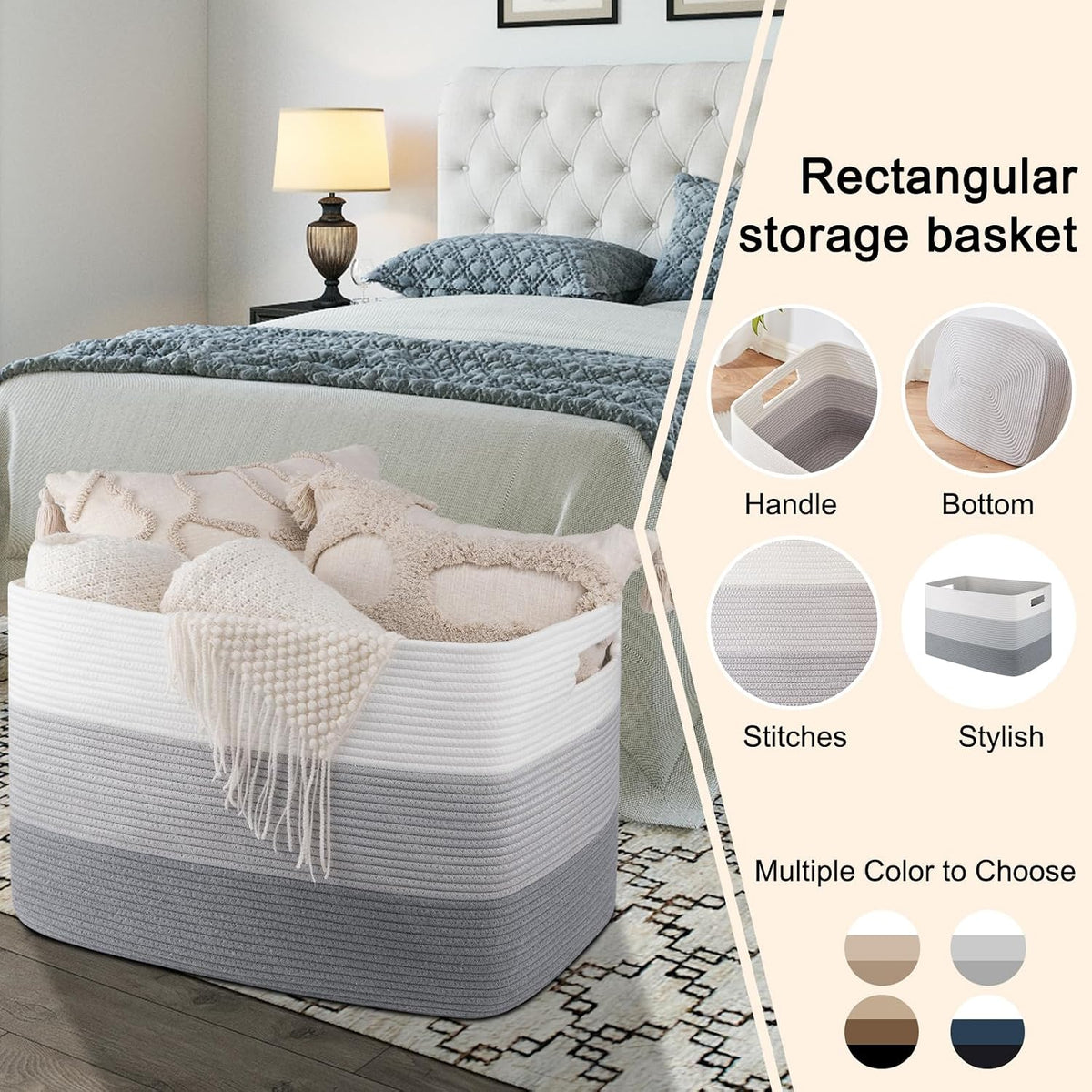 OIAHOMY 118L Extra Large Blanket Basket Cotton Rope Storage Basket Grey