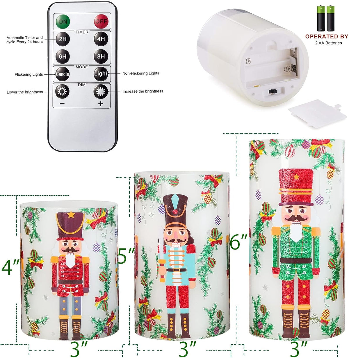 Flameless Christmas Candles Battery Operated, Realistic Flickering Flameless Candles with Timer & Remote, Holiday Led Pillar Candles for Holiday Decorations, Nutcracker