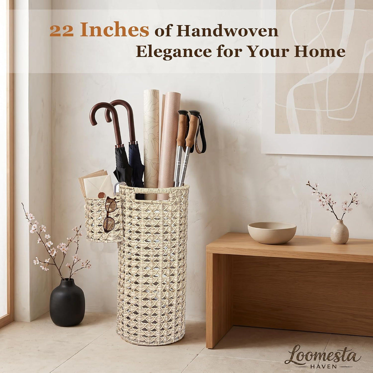 Wicker Umbrella Stand for Entryway, Handwoven PE Rattan with Side Basket