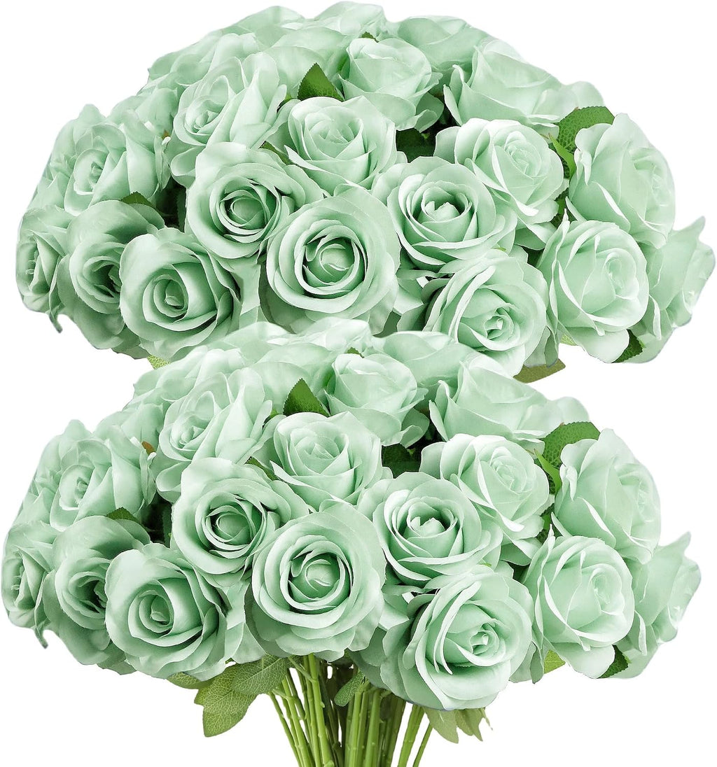 LVEFIT 30 Pcs Light Green Fake Roses Artificial Flowers Faux Flowers