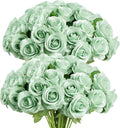 LVEFIT 30 Pcs Light Green Fake Roses Artificial Flowers Faux Flowers