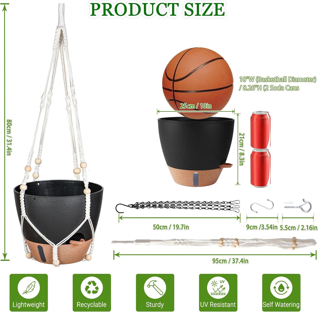 10 Inch Hanging Planters for Indoor Plants, 2 Pack, Self Watering, Black