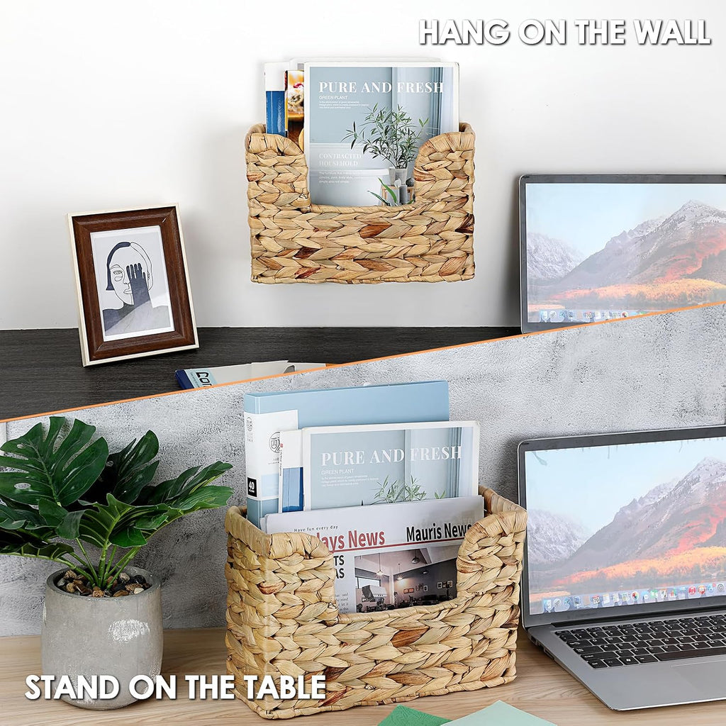 BTSKY Woven Magazine Holder, Hanging Water Hyacinth Mail Baskets for Wall