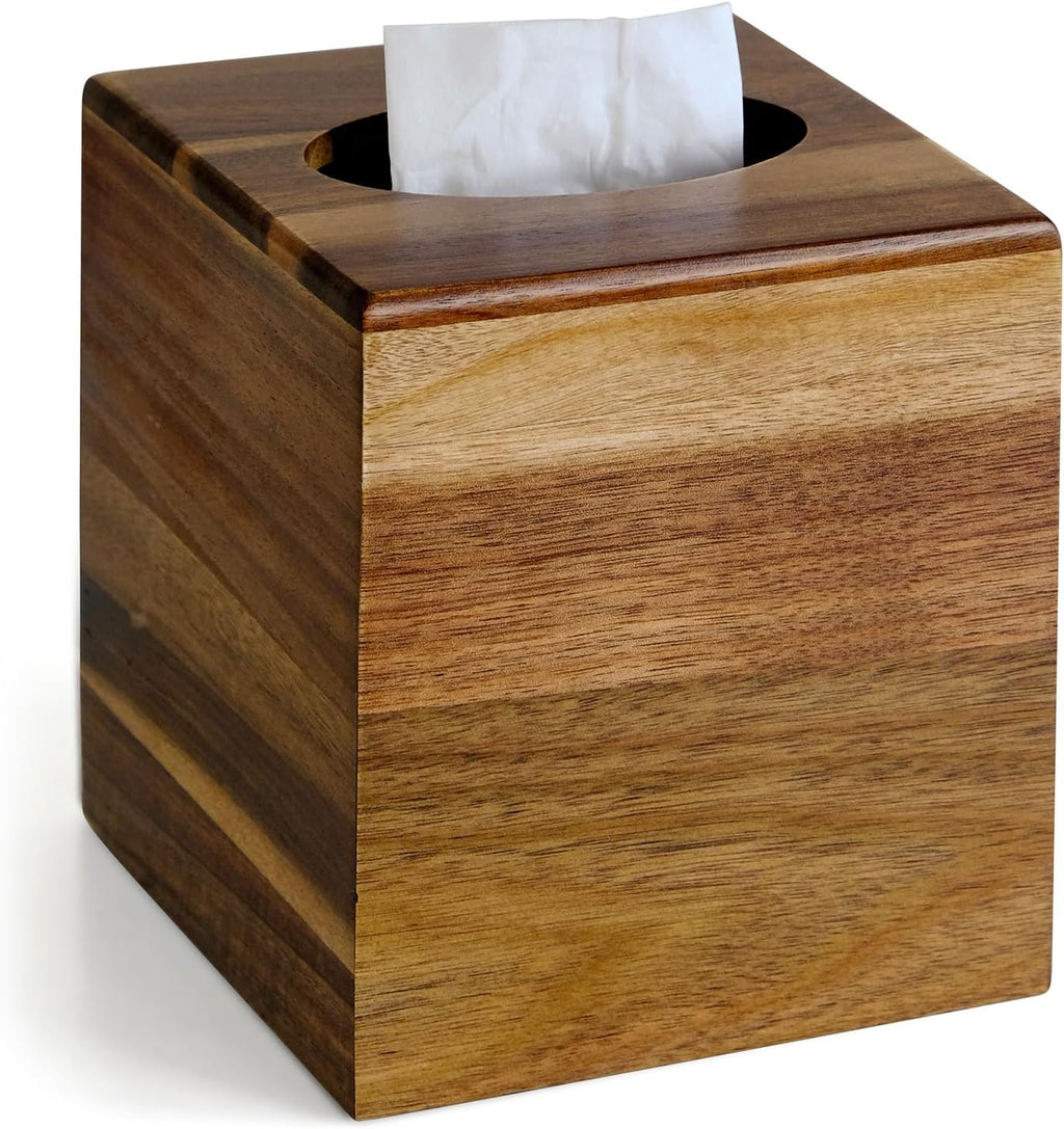 Wood Tissue Box Cover， Acacia Wood Tissue Box Cover Square, Decorative Cube Facial Wooden Tissue Box Holder with Slide-Out Bottom for Bathroom, Bedroom, Dinner Table, Office, Kitchen
