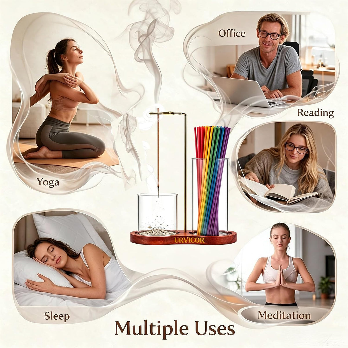2-in-1 Upside Down Incense Holder with Storage, Anti-Ash Flying Glass Incense Burner Stand, Wooden Base Brass Hanging Incense Ash Catcher for Sticks, Aesthetic Room Decor Gift