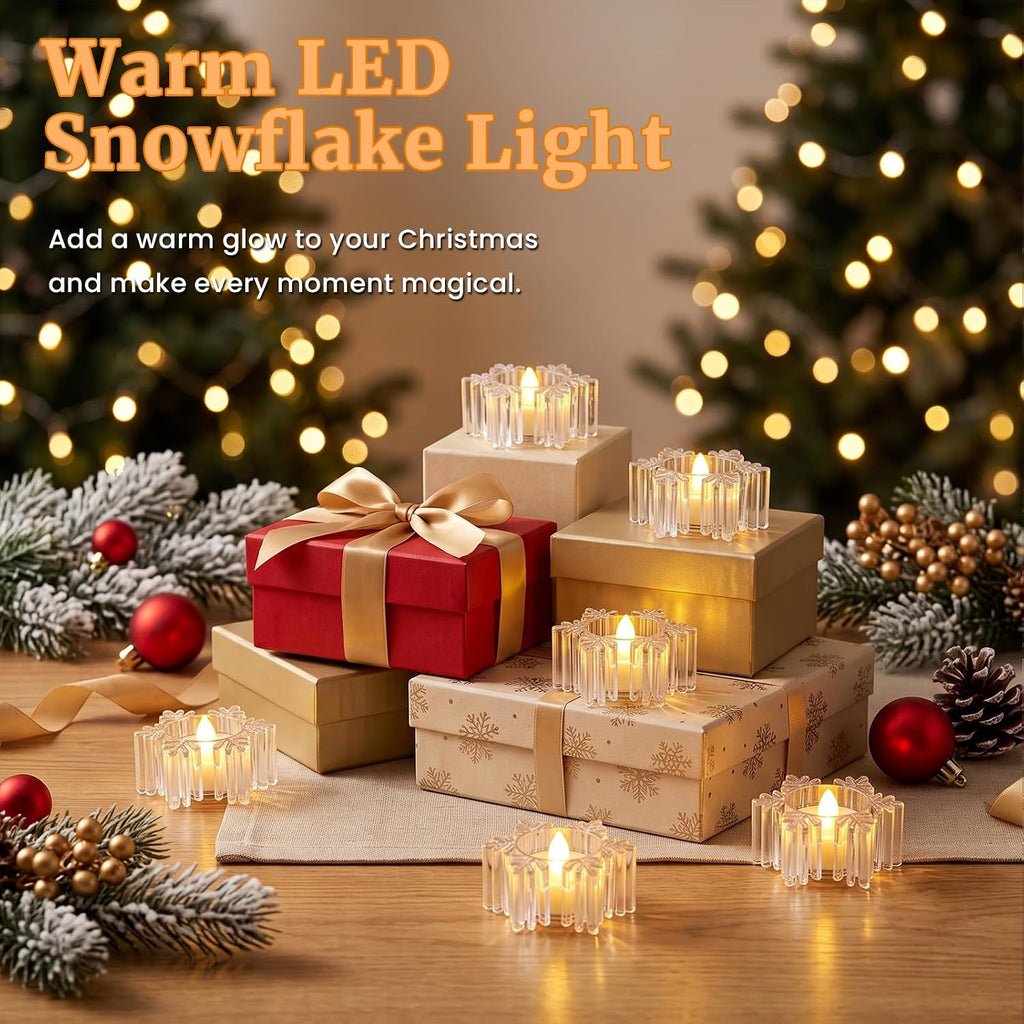 AVEKI 12 Pack Crystal Flameless Tea Lights Candles Battery Operated, Snowflake Flameless Tealight Candles for Halloween Christmas Wedding Party Home Decor (Snowflake)