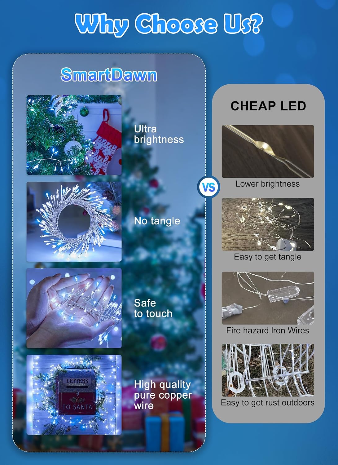 Fairy Lights Plug in, 10ft 200LED Cluster String Lights - Twinkle Copper Wire Christmas Tree Lights Waterproof for Bedroom Decor, Indoor/Outdoor Party, Patio, Garden，Blue White，2pack