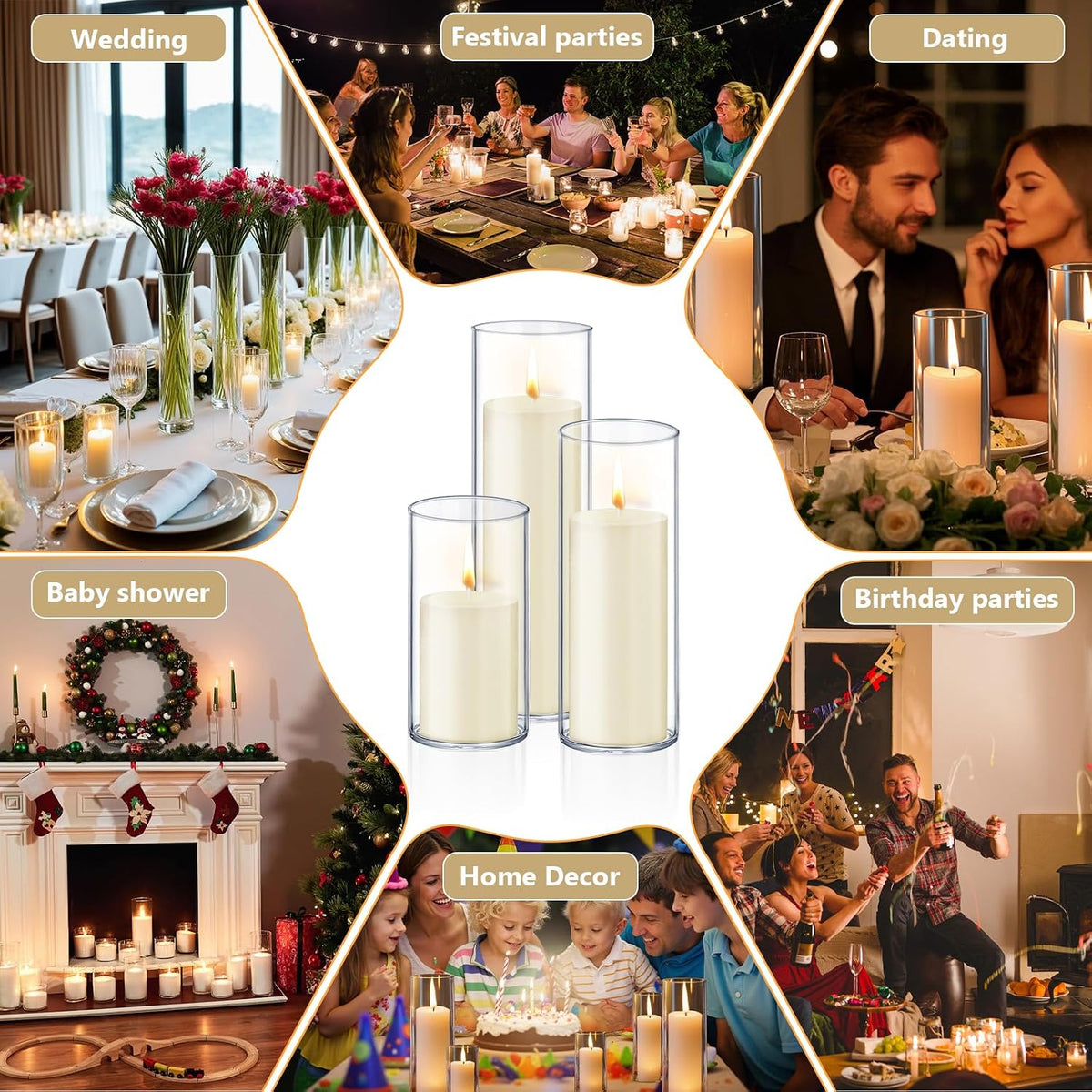 Homjoy 24 PCS Ivory White Pillar Candles with Glass Candle Holders Clear Hurricane Candle Holders Glass Cylinder Vases for Centerpieces Wedding Party, Event, Home Office (12 Candles+12 Candle Hoders)