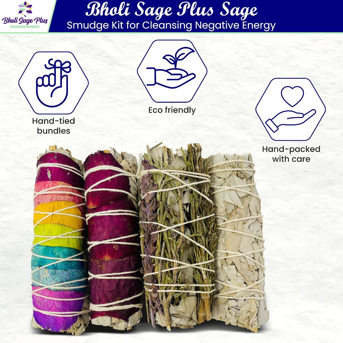 Sage Smudge Kit Variety Pack of 4 – California White Sage, Rose, Rosemary Lavender & 7 Chakra Smudge Sticks, Handcrafted Dried Sage Bundles for Meditation, Home Cleansing & House Blessing