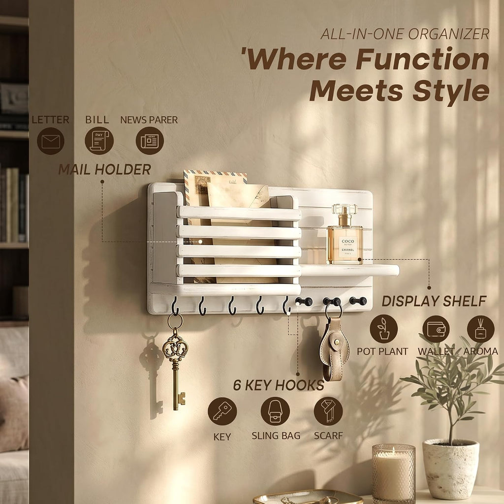 Rebee Vision Key Holder Wall Mount with Mail Slot for Hoom Decor, White