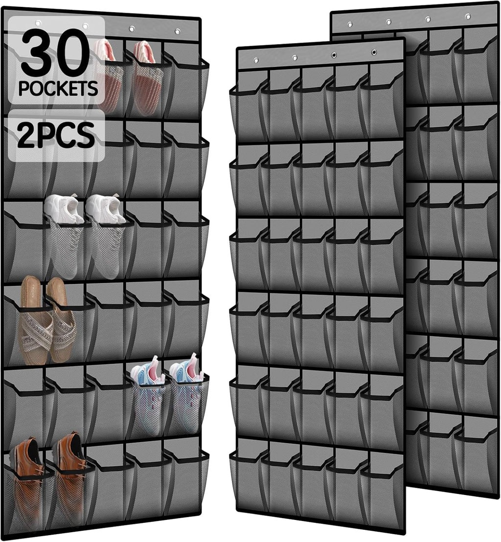 Over the Door Shoe Organizer with 30 Breathable Mesh Pockets (2PC-Gray)