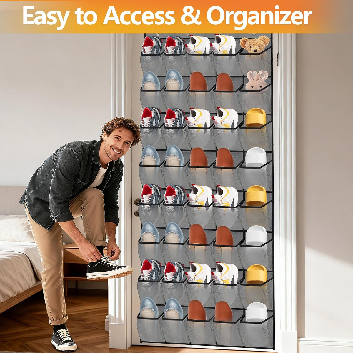 Over the Door Shoe Organizer, 40 Large Mesh Pockets Hanging Shoe Rack Organizer for Closet Behind The Door Storage Holder for Entryway Bedroom Dorm Gray