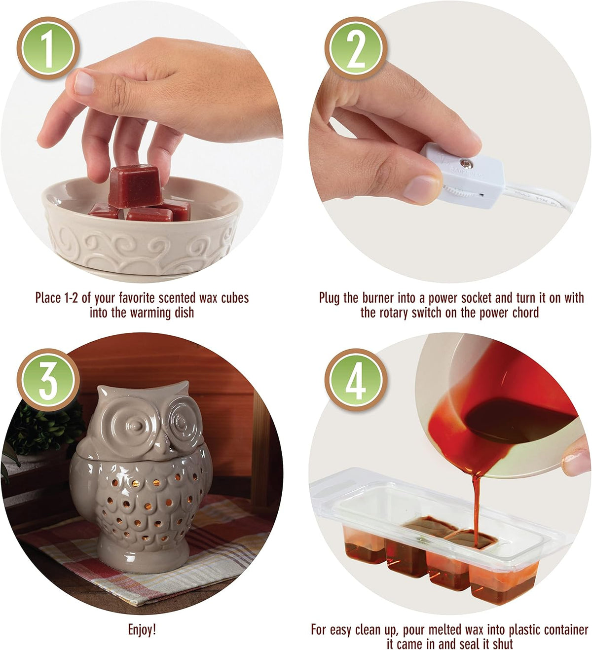 D'Eco Owl Electric Wax Melt & Candle Warmer with 4 Fragrance Cinnamon Cubes