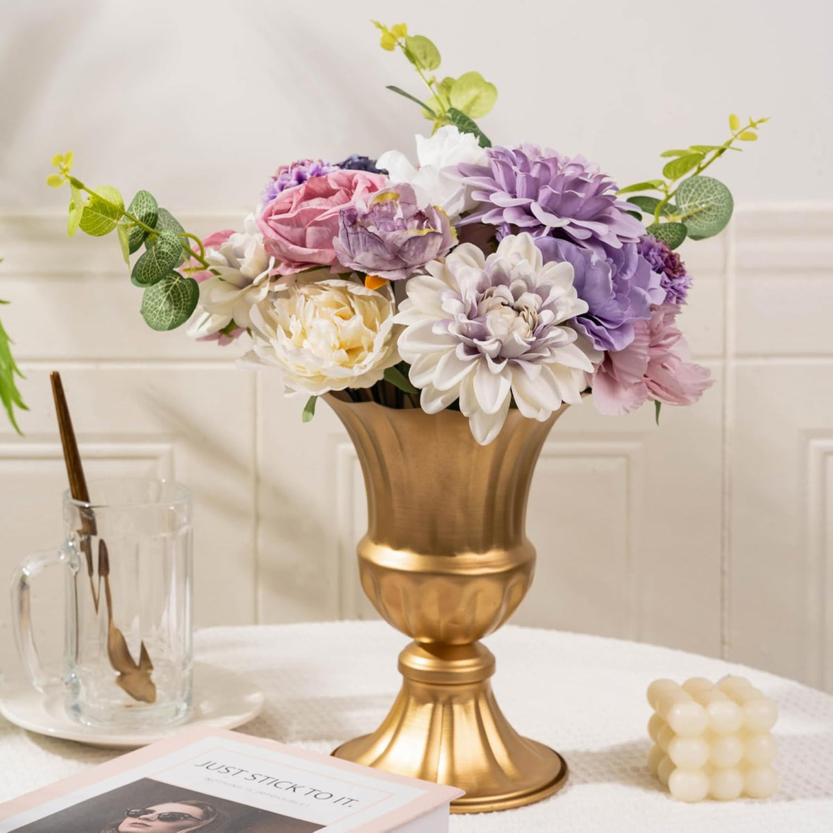 30 Pcs Artificial Flowers Combo Purple Flowers Mix Silk Flowers Dahlia Roses with Stems for DIY Wedding Bridal Bouquets, Baby Shower, Floral Arrangement, Table Centerpieces, Home Decorations