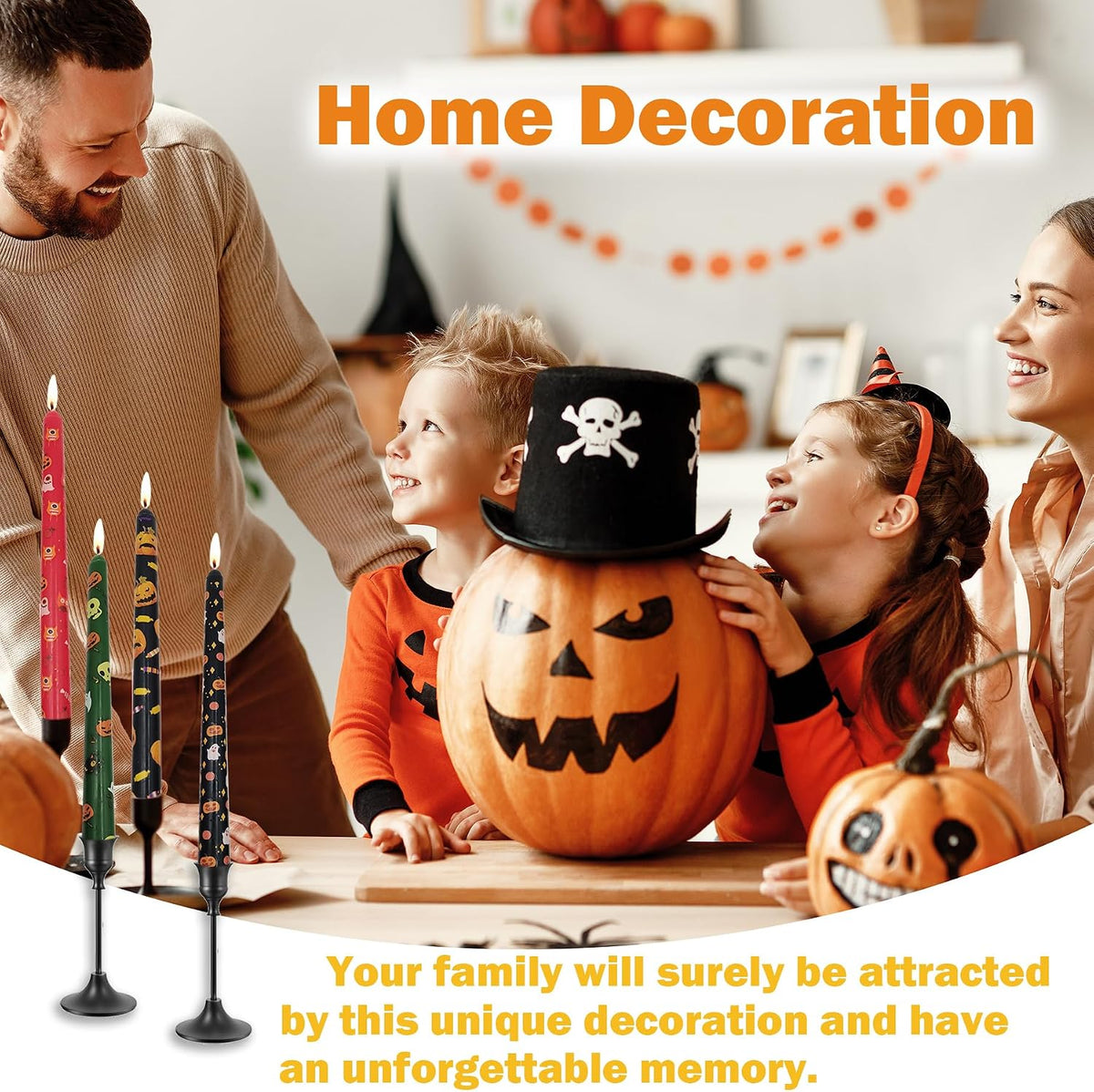 10-Inch Halloween Taper Candle Set of 4,Pumpkin Skeleton & Bat Prints, Spider Web Spooky Dinner Candles, Gift for Festive Halloween Day Decoration