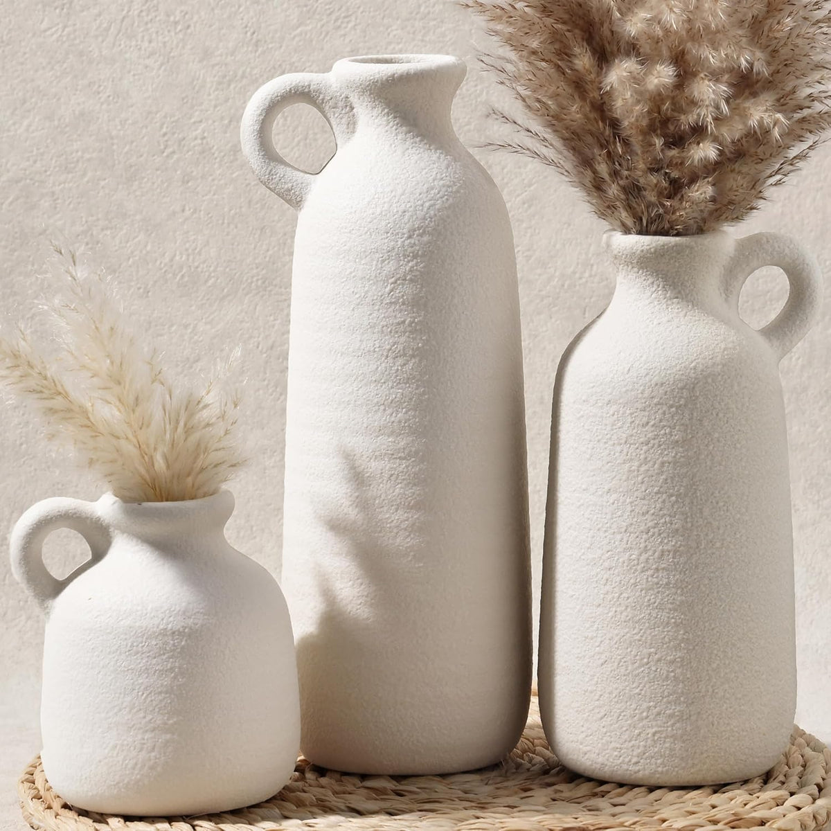 White Ceramic Vase Set of 3 with Handle, Waterproof Vases for Pampas Grass