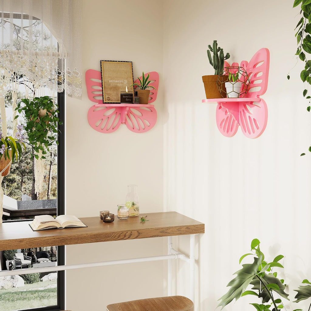 2-Tier Butterfly Wall Shelf - Nursery Decor Pink Floating Corner Shelves, Cute Wall Display Rack Bookshelf for Kid’s Room, Solid Wood Hanging Hollow Out Shelf for Toys, Plants and Decorations Storage