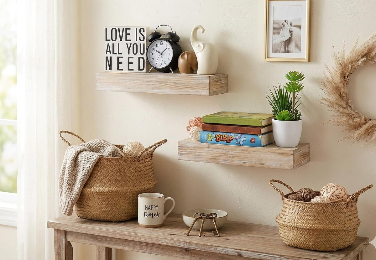 Wall-Mounted Floating Shelves - Set of 2, Solid Wood Rustic Grey, 16.5” W x 6” D x 2.5” H - Rustic Decorative Storage for Photos, Plants, Trophies & Books - Hardware Included