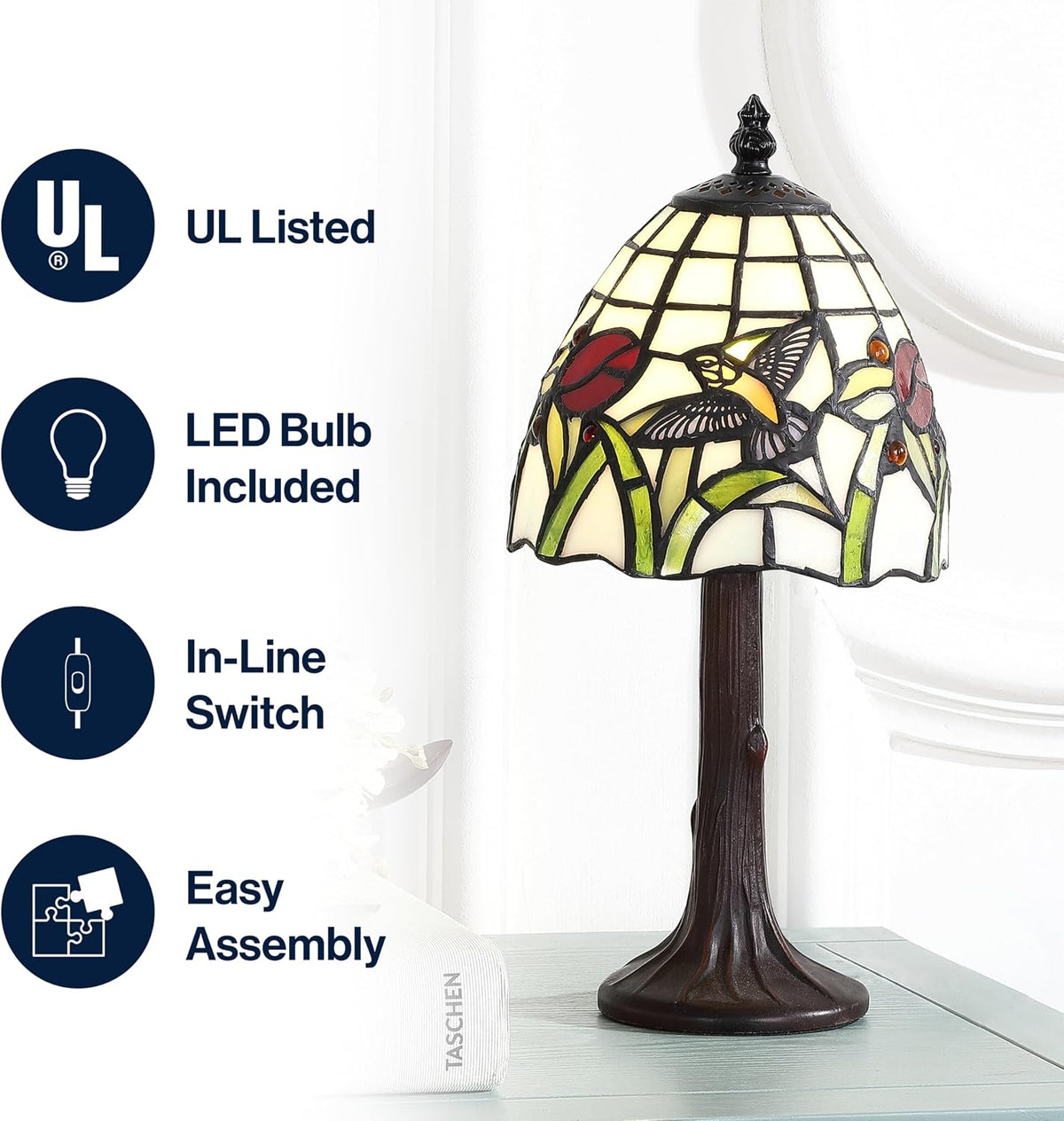 JONATHAN Y Hummingbird Tiffany-Style Table Lamp 12" Stained Glass, Bronze