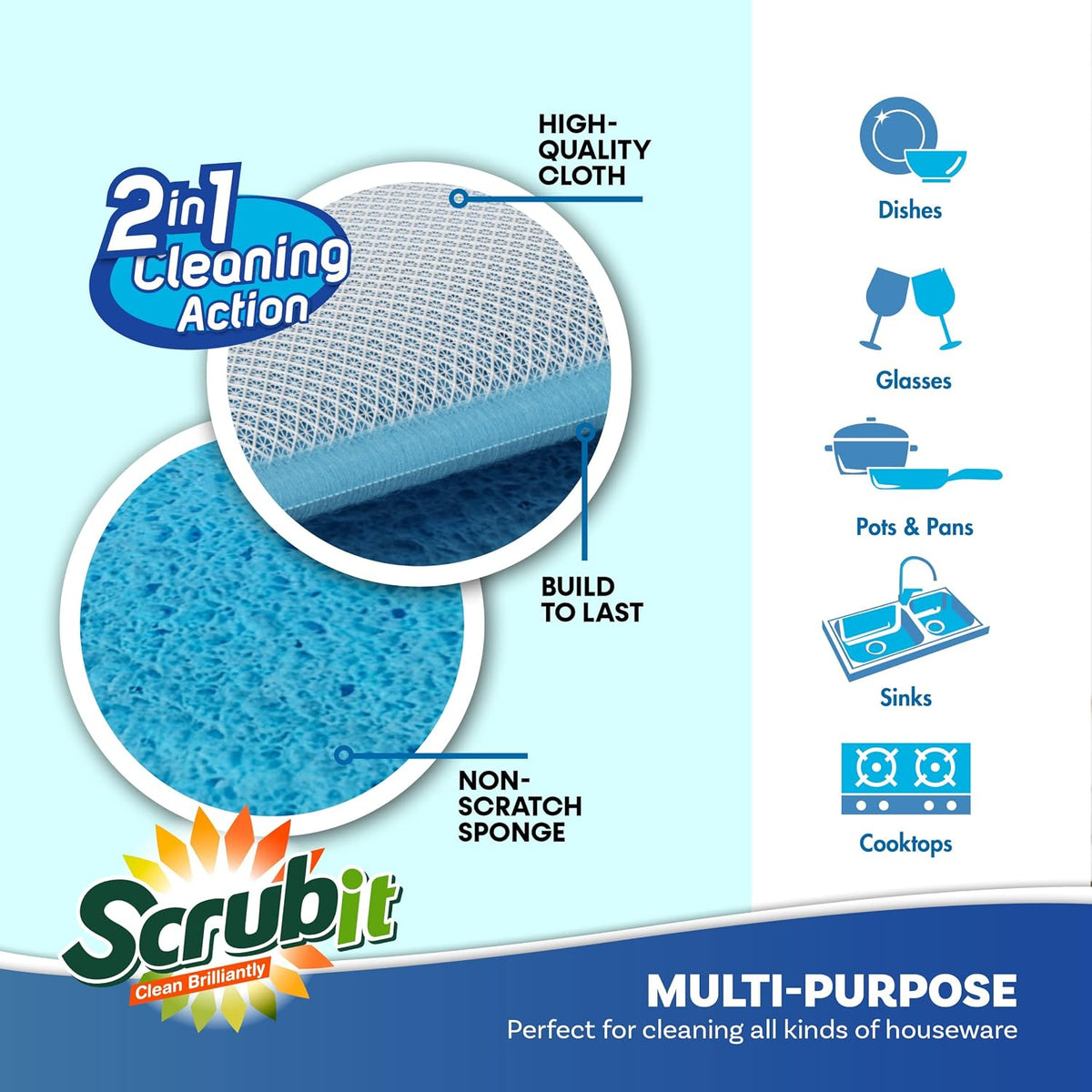 SCRUBIT - [12 Pack] Scrub and Wipe Cleaning Pads – Dual Sided Scouring Pad and Dish Sponge -Reusable Kitchen Sponge for Pots, Pans Utensils & Non-Stick Cookware - Assorted Color Dishwashing sponges