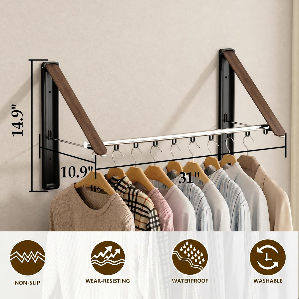 Clothes Drying Rack, Laundry Room Wall Mounted Retractable Clothes Hanger Drying Rack, Laundry Clothing Drying Rack Folding Indoor or Outdoor, Aluminium Dryer, 2pcs(Wood with 80cm bar)
