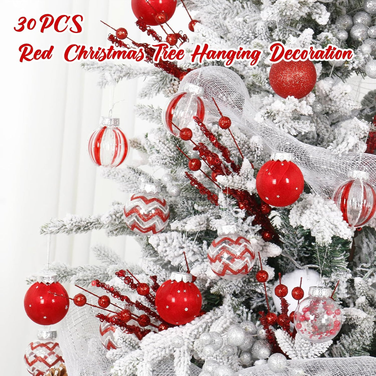 30PCS Red Clear Christmas Ball Ornaments Set for Xmas Tree Decorations