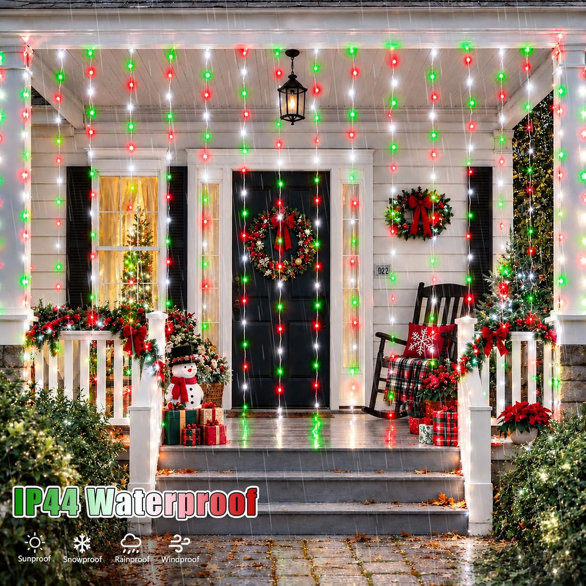 YEGUO 300 LED Red White and Green Christmas Lights, Curtain Lights Plug in, 8 Modes Hanging String Lights for Bedroom Wall Window Backdrop Indoor Outdoor Party Xmas Decorations-9.8x9.8ft