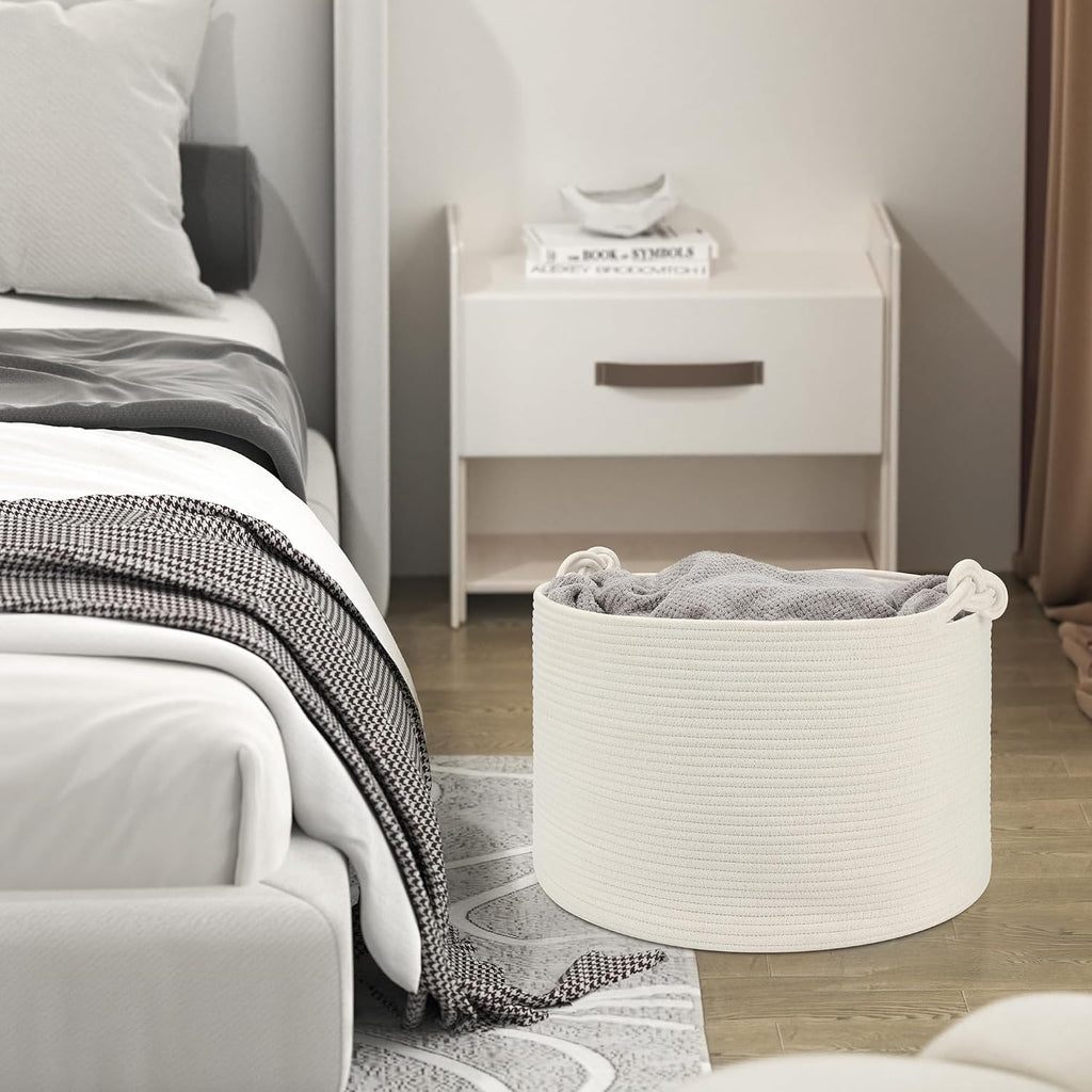 Large Blanket Basket (20"x13"),Woven Basket for Storage Dirty Clothes for Laundry, Living Room, Nursery, Bedroom Rope Storage Basket for Blankets（White）