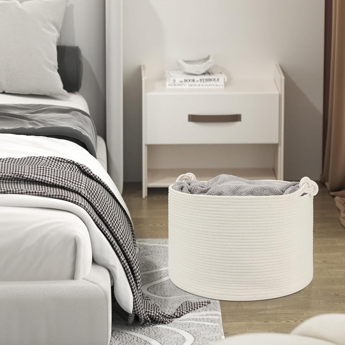 Large Blanket Basket (20"x13"),Woven Basket for Storage Dirty Clothes for Laundry, Living Room, Nursery, Bedroom Rope Storage Basket for Blankets（White）