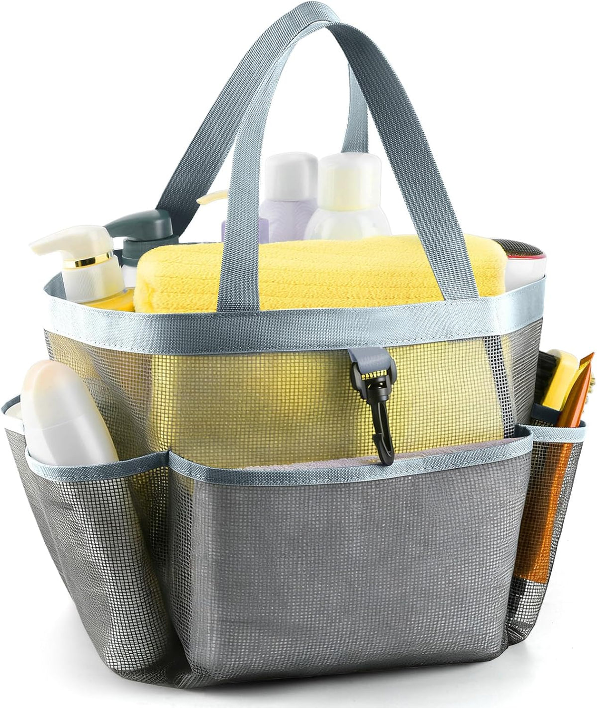 LOYEE Mesh Shower Caddy Portable for College Dorm Room Essentials with 8 Pockets, Shower Bag for Beach, Swimming, Gym, Travel, Bathroom(All gray)