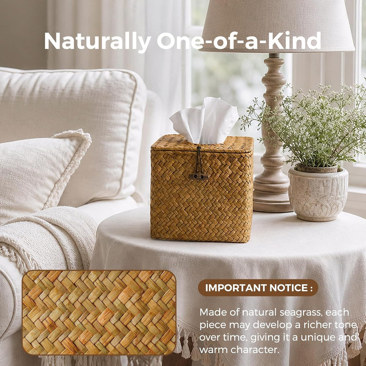Seagrass Tissue Box Cover Square, Woven Wicker Tissue Box Holder, Orange