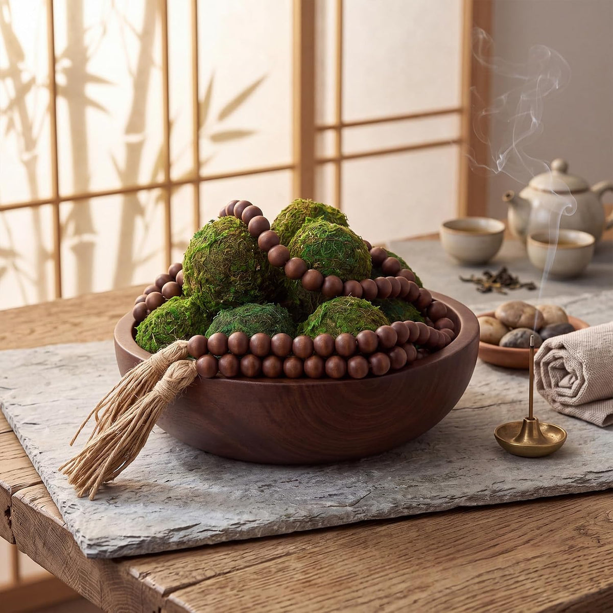 SiliFine 14 Pcs Rustic Table Decor Set, Wooden Bowl with Moss Balls, Brown