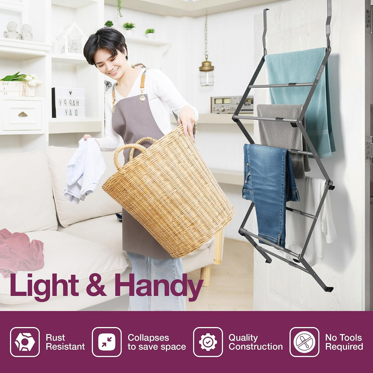 BLACK+DECKER Over The Door Expandable Telescopic Drying Rack, Clothes Organizer, Towel Hanger, Laundry, Collapsible, Gray