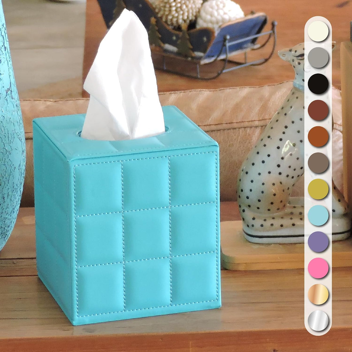 Luxury 5 Star Hotel Style Tissue Box Cover - Sturdy and Stylish Tissue Box Holder with a Custom Height and Modern PU Leather Exterior, 13.5x13.5x15cm - Teal Blue
