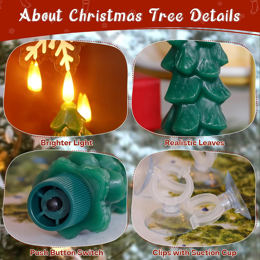 6pcs Tree Shaped Flameless Real Wax Green Taper Candles with Remote and Timer, 0.78" x5" Window LED Flickering Battery Operated for Festival Decor (Suction Cups Included)