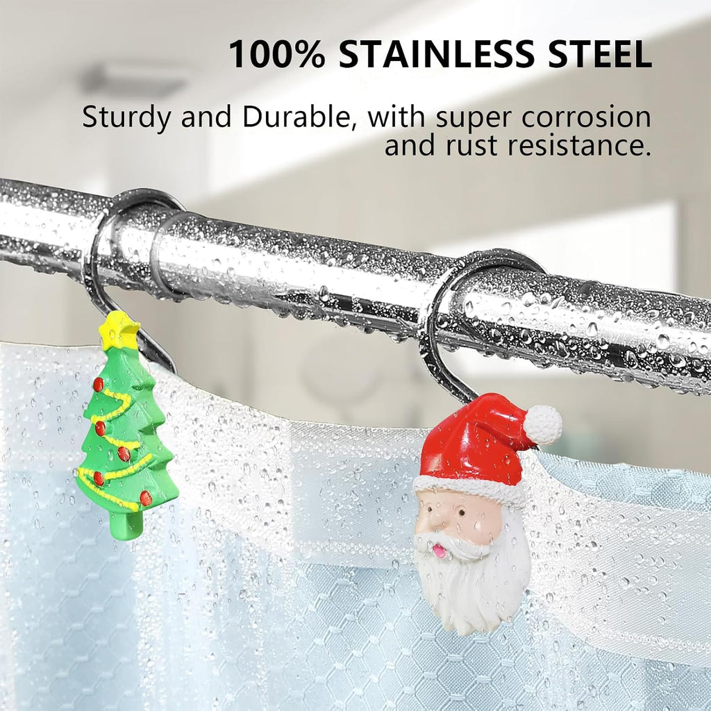 Christmas Home Decorative Shower Curtain Hooks – Set of 12 Rust-Resistant Decorative Rings with Santa, Tree & Stocking Charms, Xmas Bath Curtain Hangers for Holiday Bathroom Decor (Fits Standard Rods)