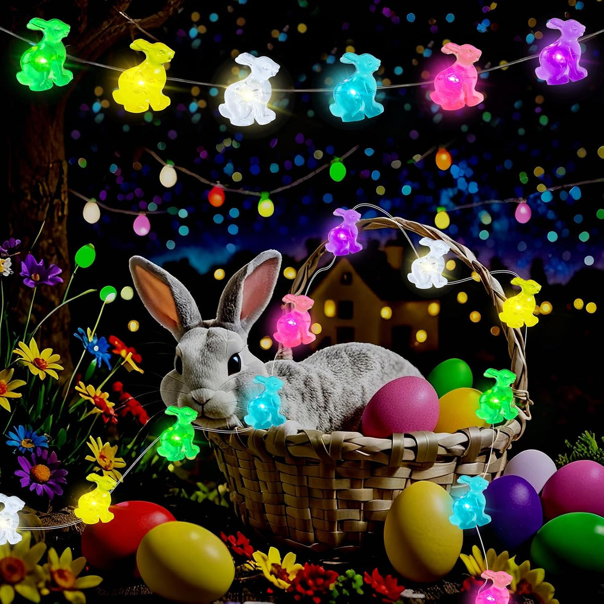 AIKEI Easter Decorative String Lights 2 Pack, 16FT 50LED Colorful Bunny Fairy Lights Battery Operated, Waterproof Rabbit Shaped String Light for Home Indoor Outdoor Spring Easter Party Decoration