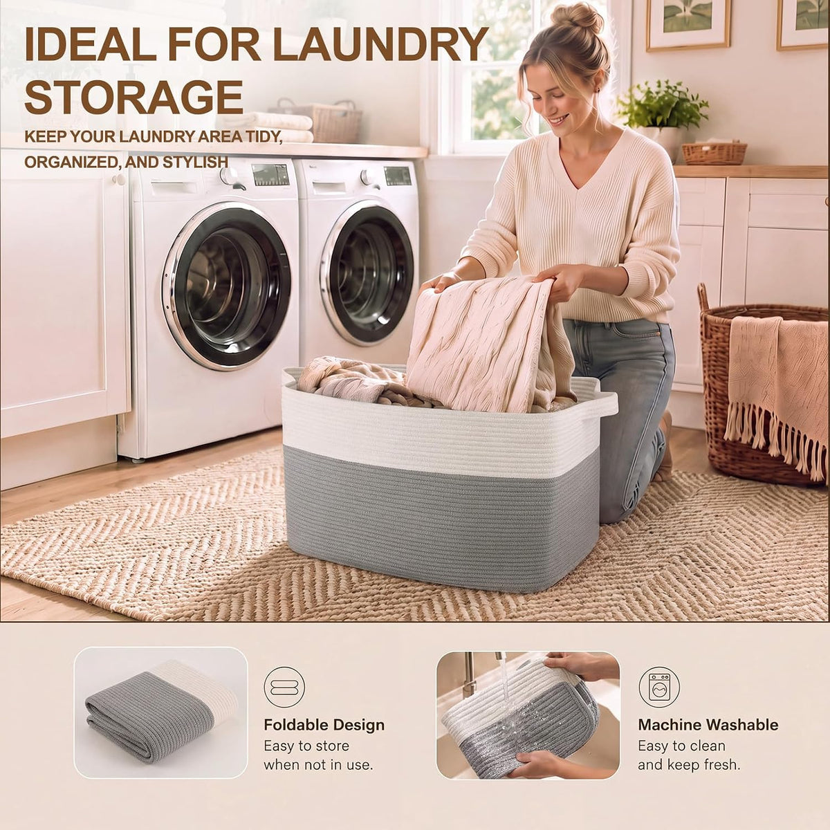OIASKET Blanket Basket for Living Room, Cotton Rope Basket for Storage, Toy Baskets Bin for kids, Woven Baskets with Handles for Clothes, Towels, Pillows, 20" x 16" x 12", Grey and White
