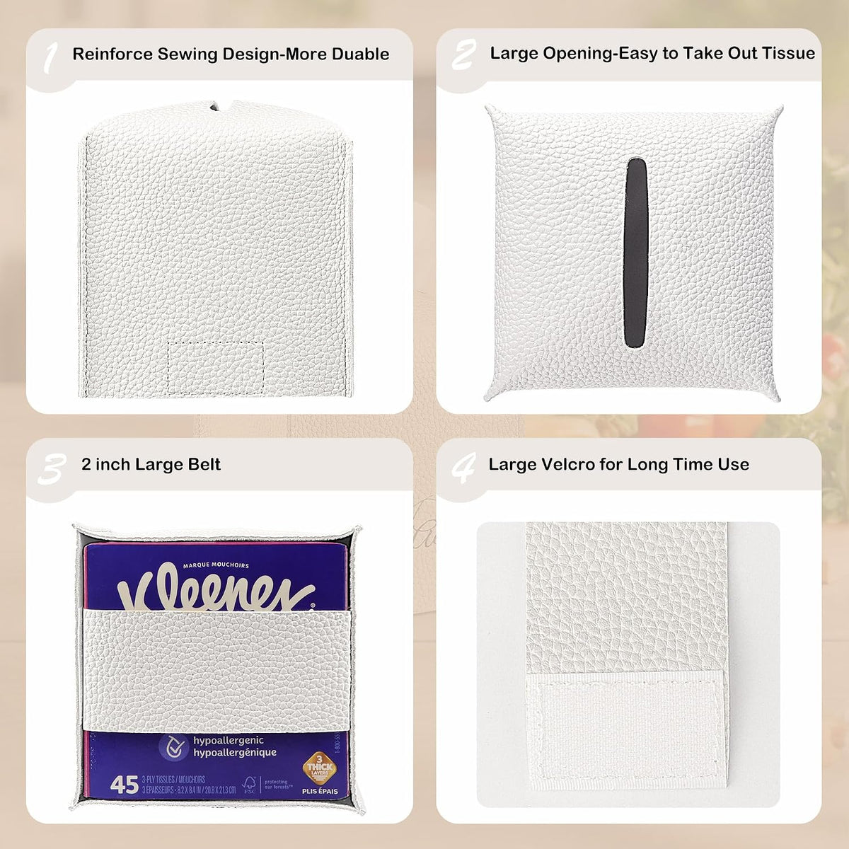 Square Tissue Box Cover PU Leather Tissue Holder for Bathroom, Cube Décorative Organizer, Tissue Paper Dispenser for Bathroom, Kitchen, Bedroom, Office, Tabletop (2, White)