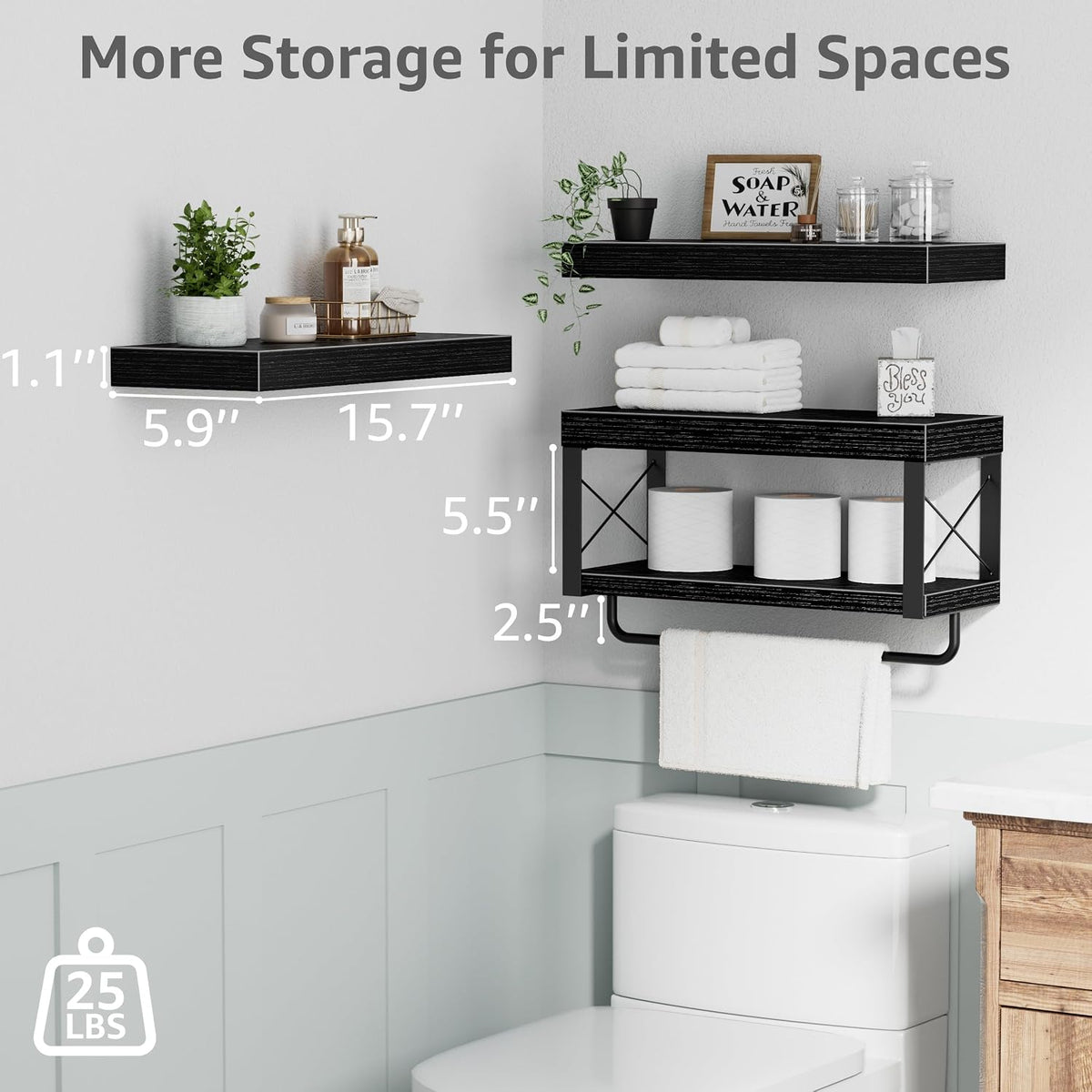 QEEIG Bathroom Shelves Over Toilet (Black, Set of 3, 15.7")