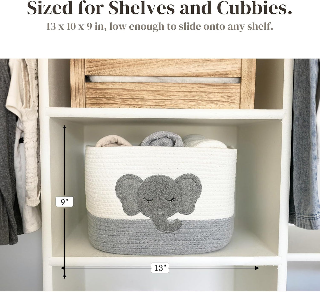Elephant Baby Storage Basket, Woven Cotton Rope Nursery Bin, 13x10x9 in