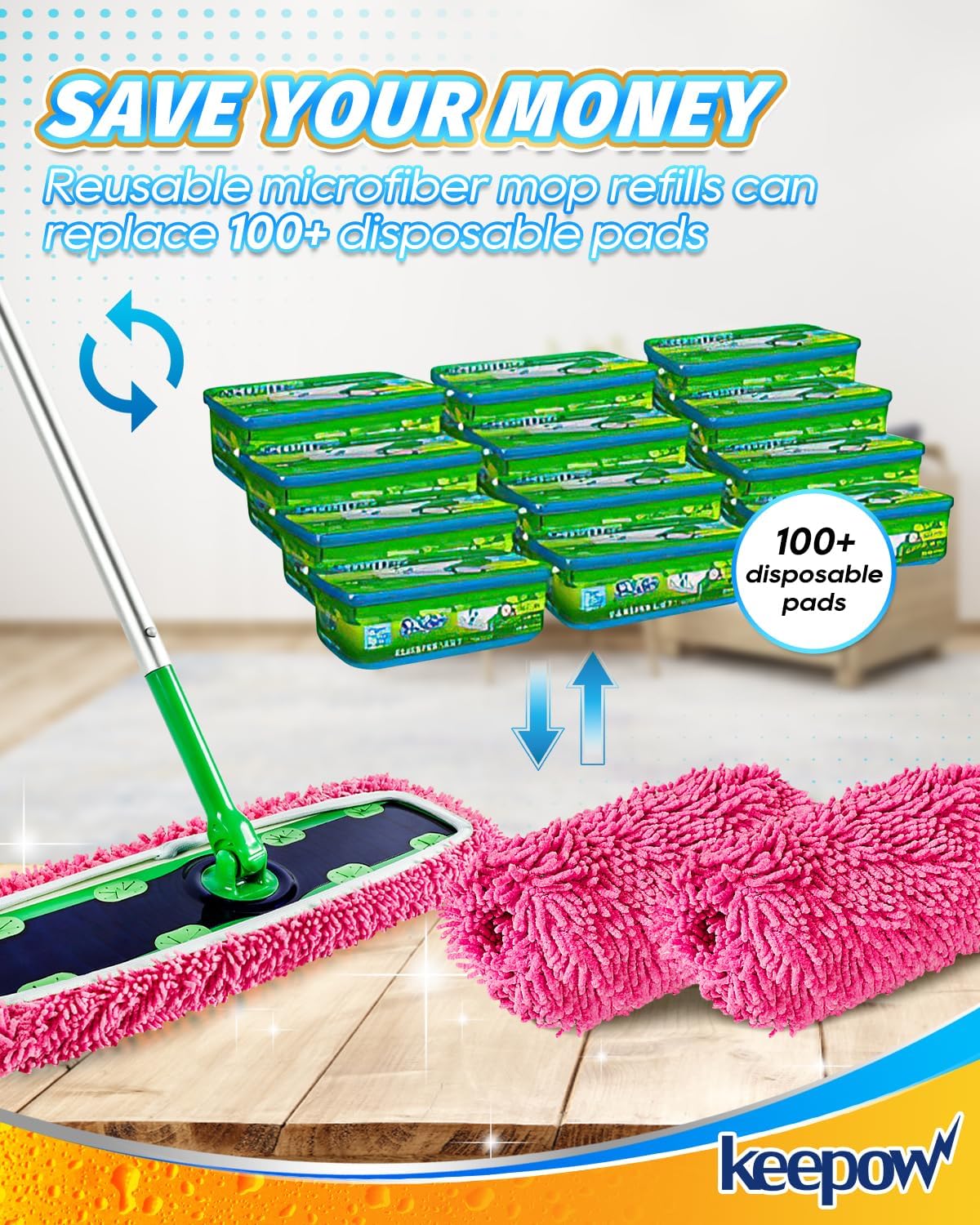KEEPOW Reusable Microfiber Mop Pads for Swiffer XL Mop