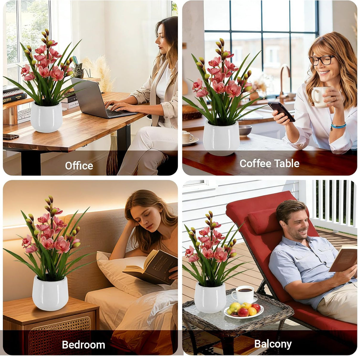 Faux Orchid Plant 19" Tall, Realistic Touch Leaves, Potted Cymbidium Artificial Plants Indoor for Home Decor Small Office Home Living Room-Pink