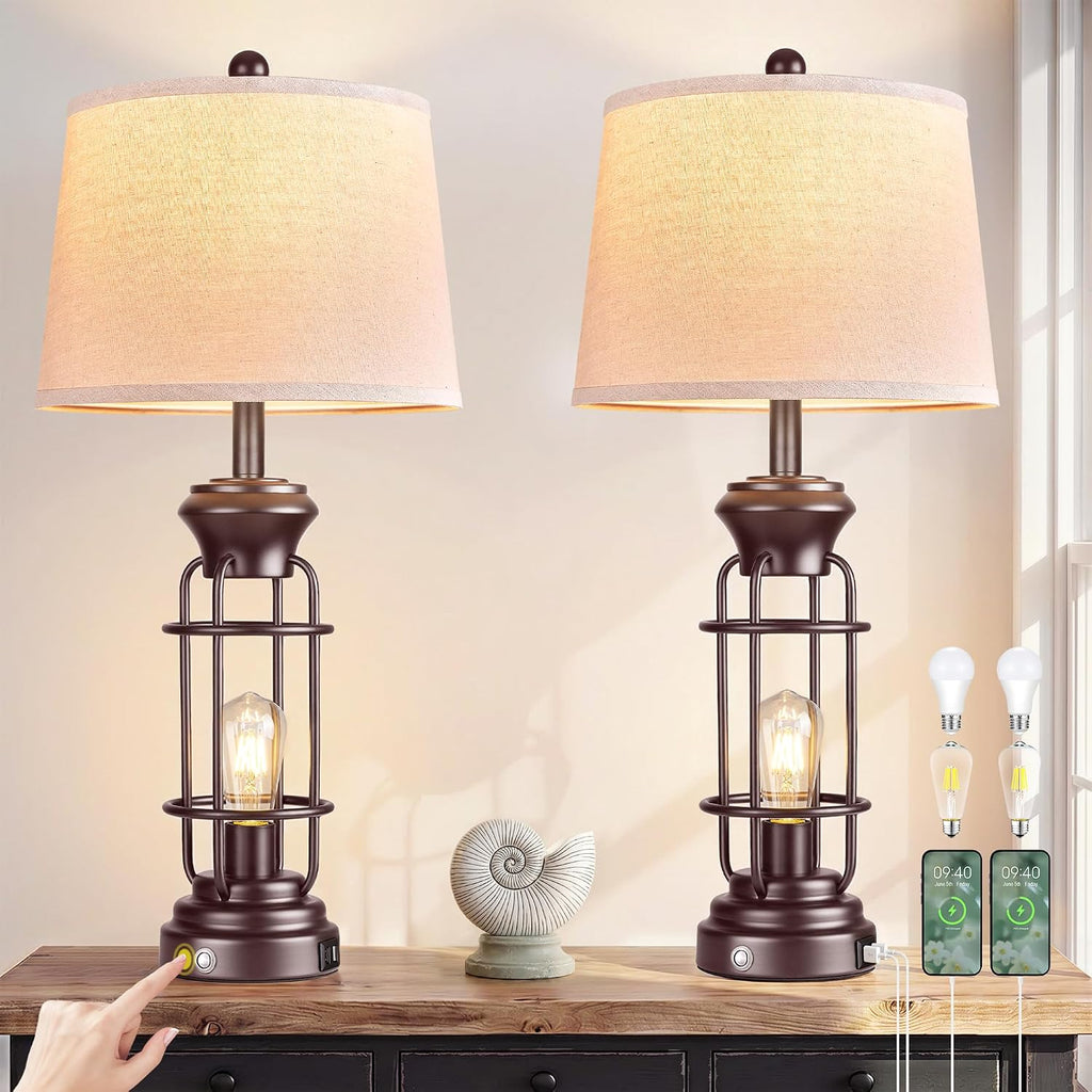 Reaketon Farmhouse Table Lamps for Living Room Set of 2, 28" Dimmable Touch Control Table Lamp with Oil Rubbed Bronze Finish, Bedroom Lamps for Nightstand, 4 Bulbs Included