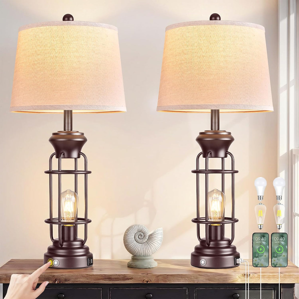 Reaketon Farmhouse Table Lamps for Living Room Set of 2, 28" Dimmable Touch Control Table Lamp with Oil Rubbed Bronze Finish, Bedroom Lamps for Nightstand, 4 Bulbs Included