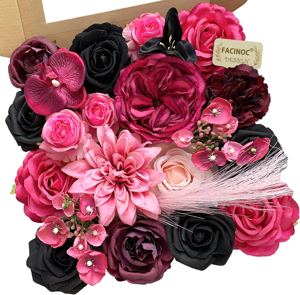 FACINOC Roses Artificial Flowers Fuchsia Pink Black Fake Flower Bouquet