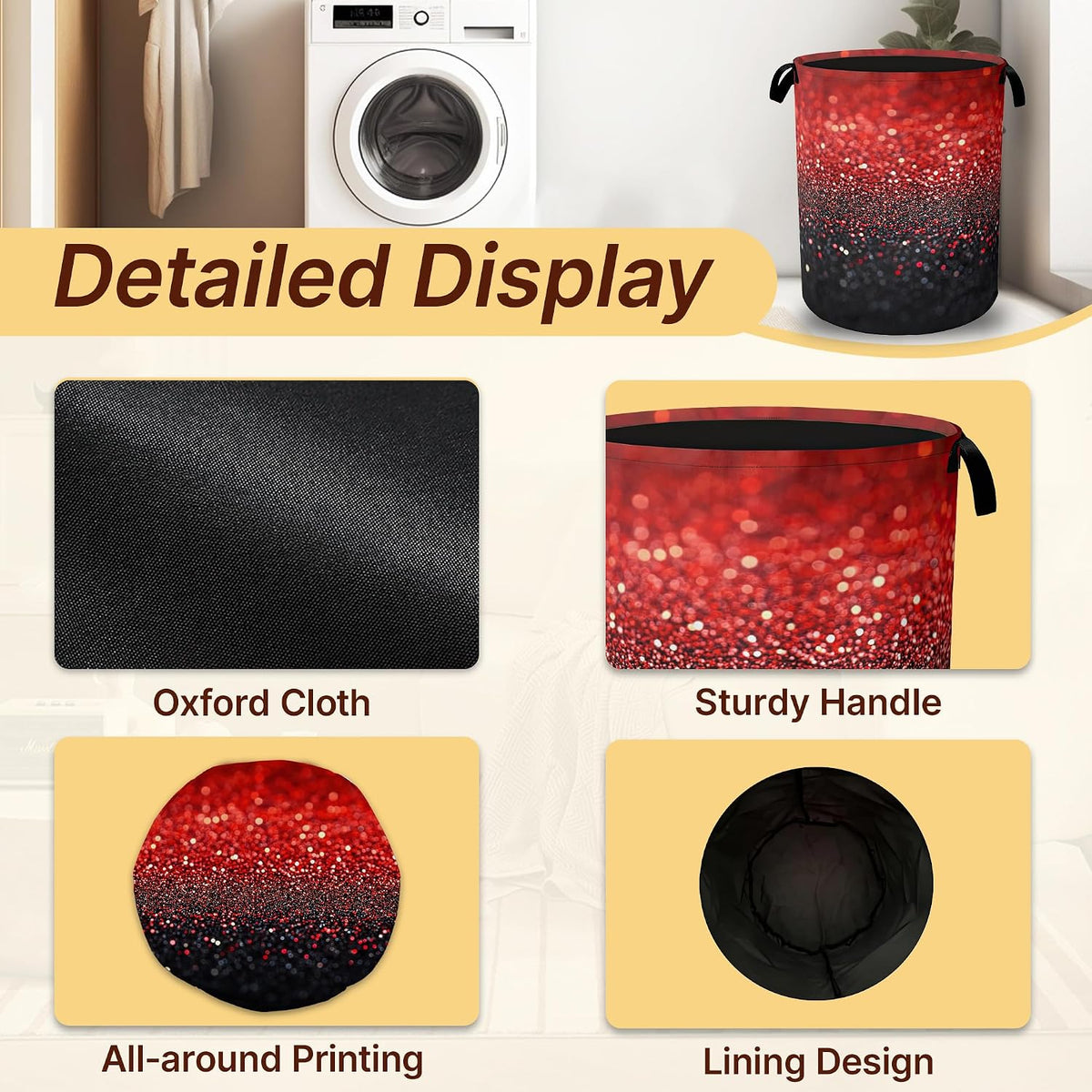 Collapsible Laundry Basket,Red Black Waterproof Oxford Cloth Hamper with Handles,Glitter Sparkling 16 x 20.8 Inch Portable Storage Organizer for Laundry Room Bedroom