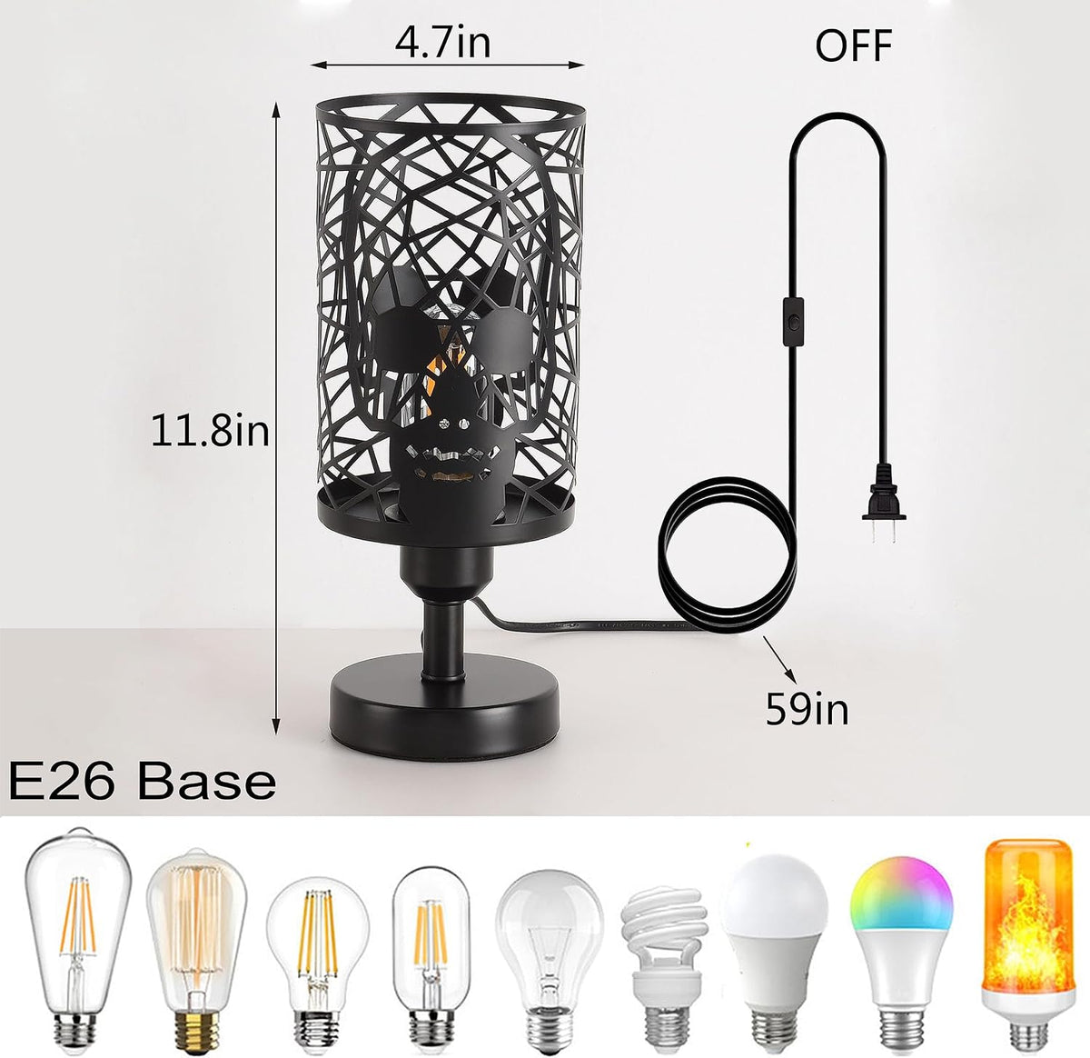 Skull Table Lamp with Plug-in Switch, Black Industrial Bedroom Lamp