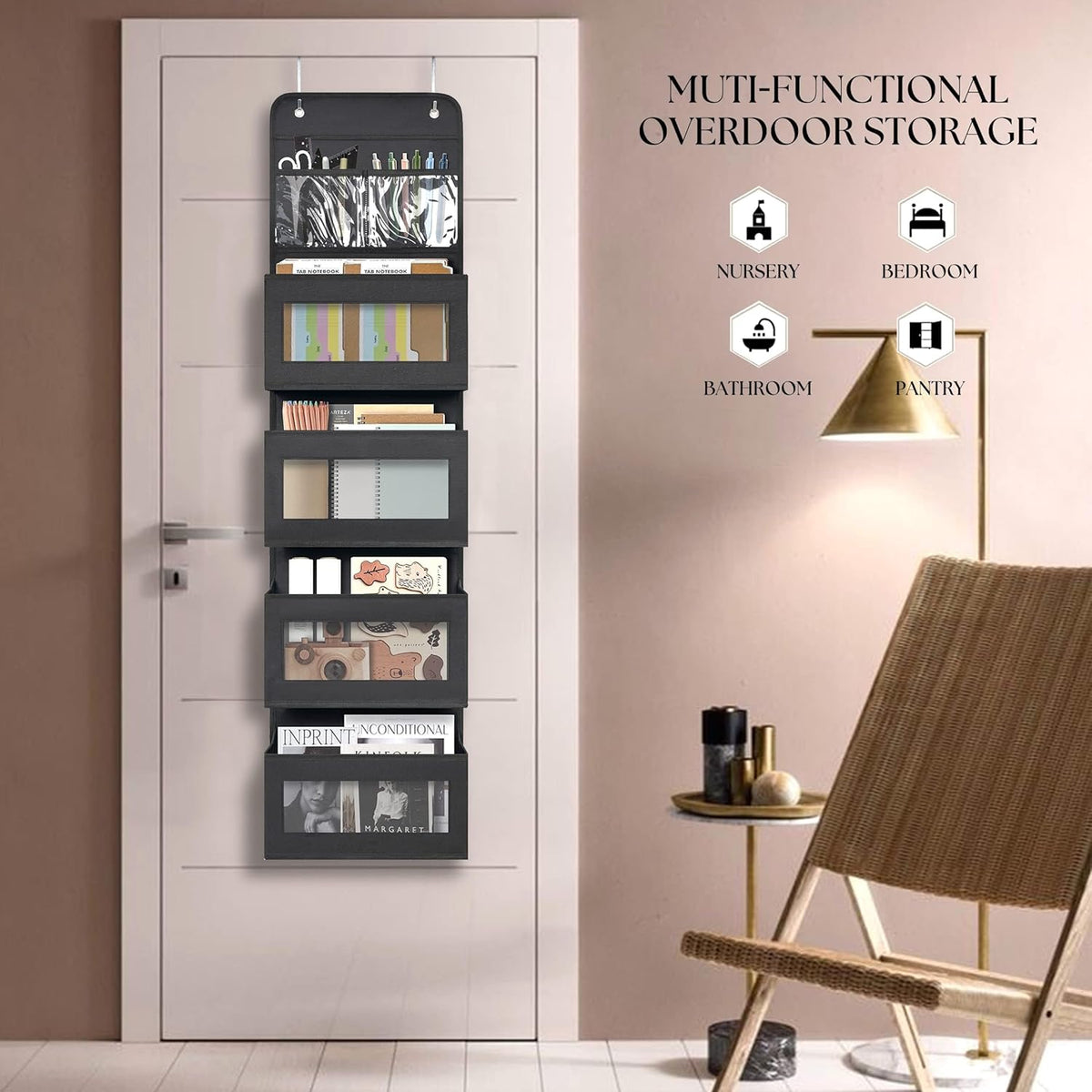 GCreation Over Door Organizer for Bedroom Bathroom Pantry, 5 Shelf Black