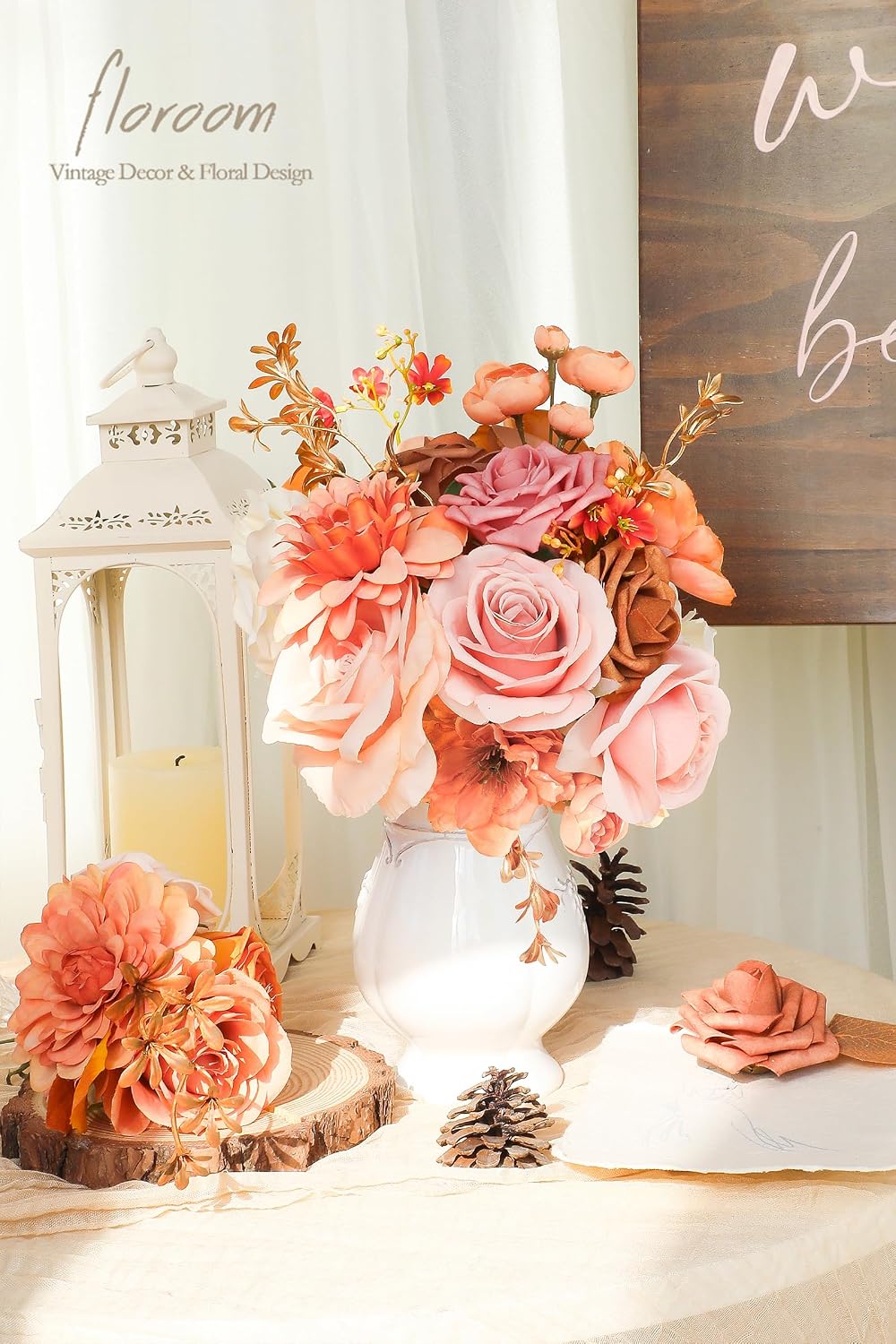 Floroom Terracotta Artificial Flowers Burnt Orange Fake Roses Dahlias and Greenery Combo Box Set for DIY Wedding Bouquets Bridal Shower Centerpieces Floral Arrangements Party Tables Home Decorations
